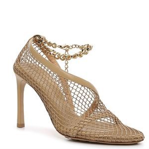 Bottega Veneta Gold Leather Mesh Chain Ankle Strap Heels